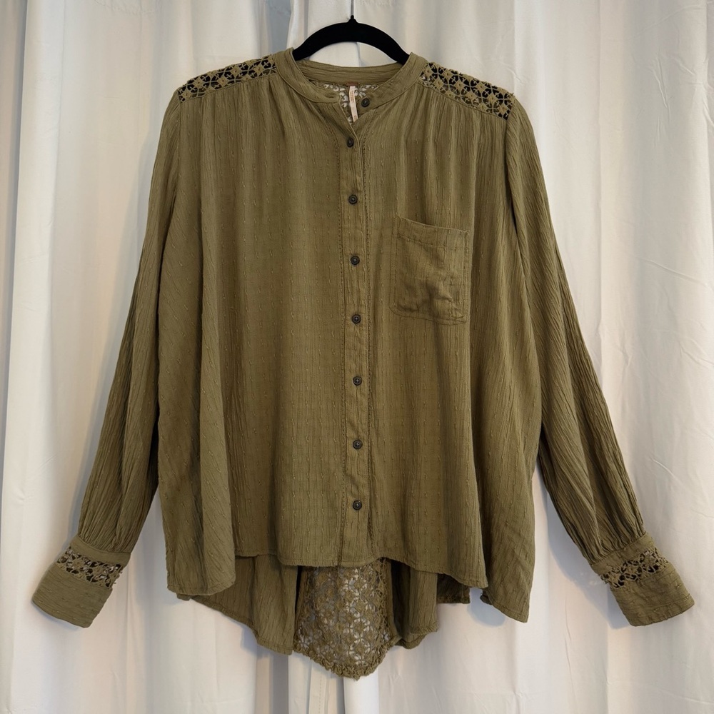 Free People Lace Oversized Button Down Womens XS Olive Green